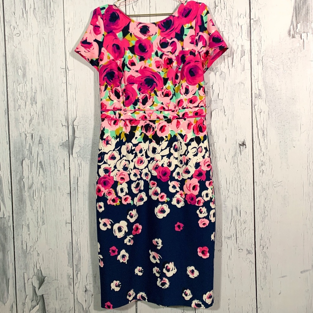Adrianna Papell Navy Pink Floral Short Sleeve Dress Sz 12 EUC